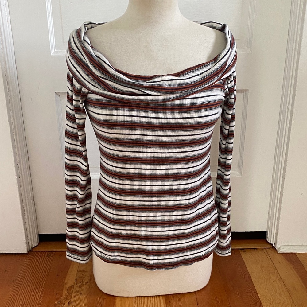 Halogen Off the Shoulder Rib Knit Striped Long Sleeve Top Medium